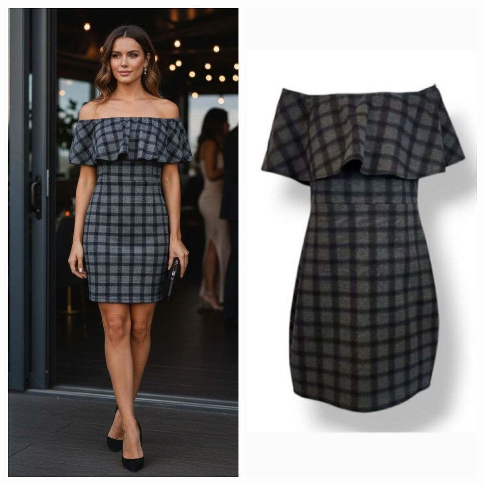 NEW Lulus Small Town Girl Grey Plaid Off-the-Shoulder Dress Size Large